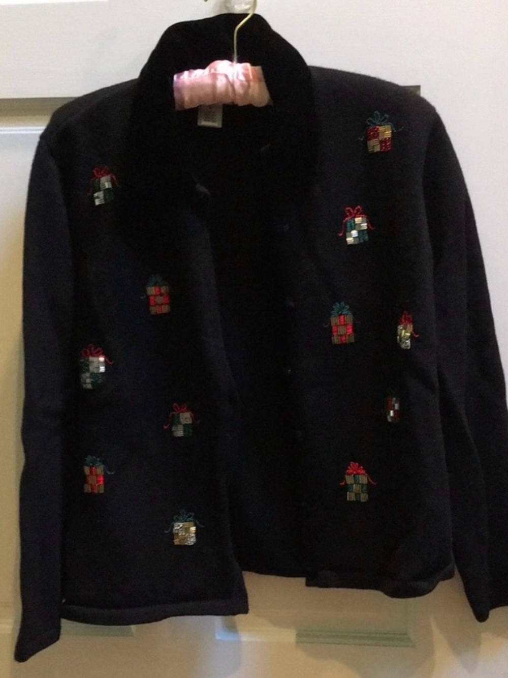 Talbots Black Cardigan with Embroidered Gift Motifs